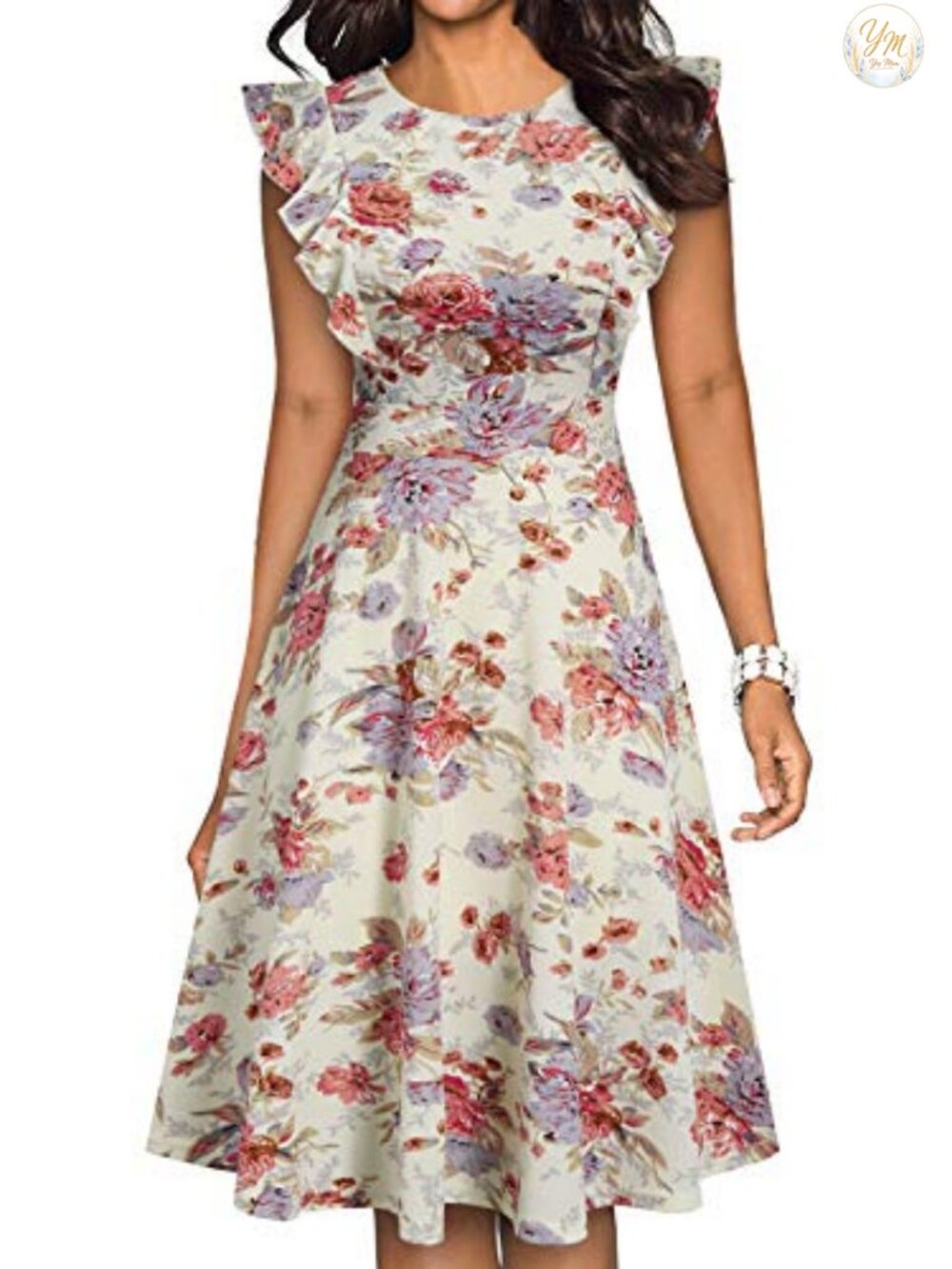 Vintage Ruffle Sleeve Floral A Line Cocktail Party Dress